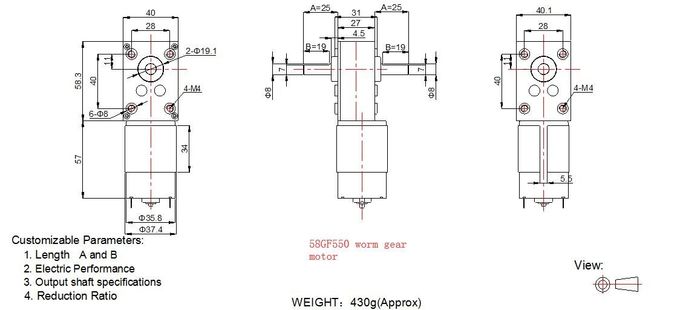 6 voltios motor 46GF370/58GF555 del engranaje de gusano de DC de 12 voltios para el aparato electrodoméstico